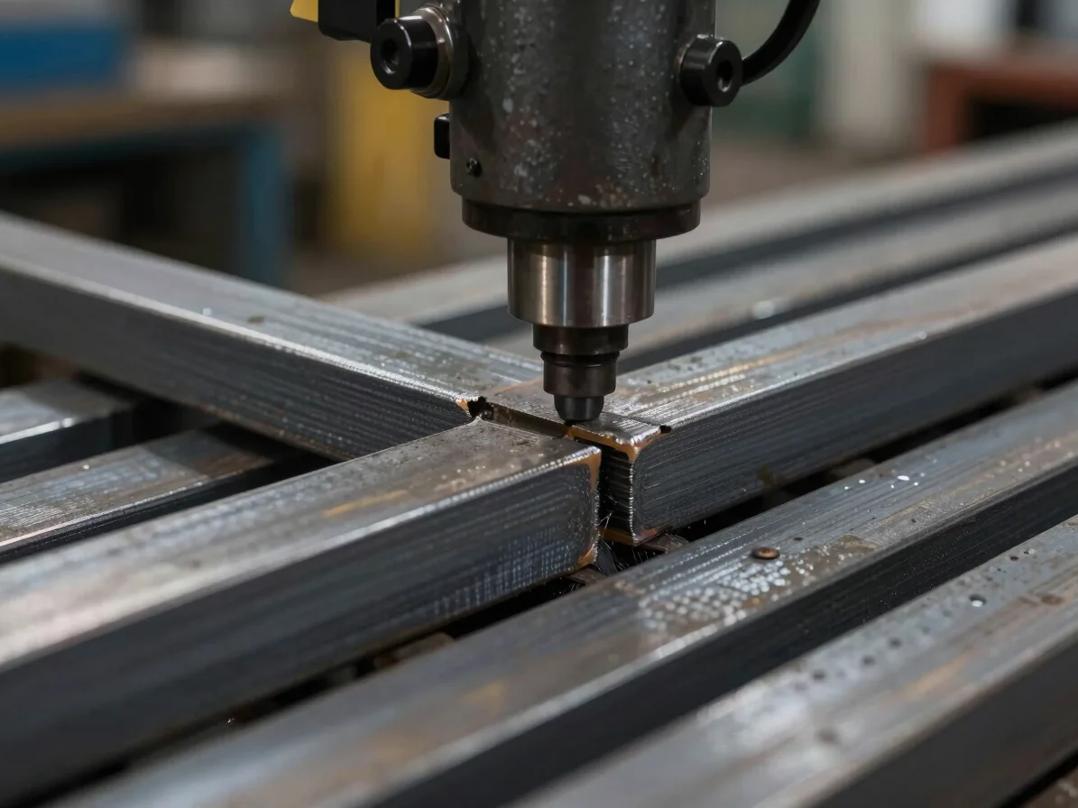 Macro close-up of raw steel bar stock being cut with precision machinery, industrial lighting, metallic sheen.