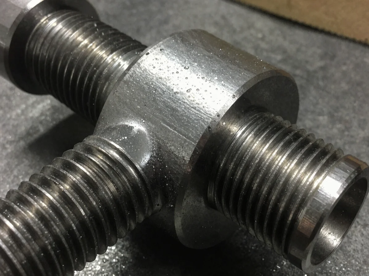 Close-up of a freshly machined metal component, showing intricate threads and smooth surface texture, directional worksh