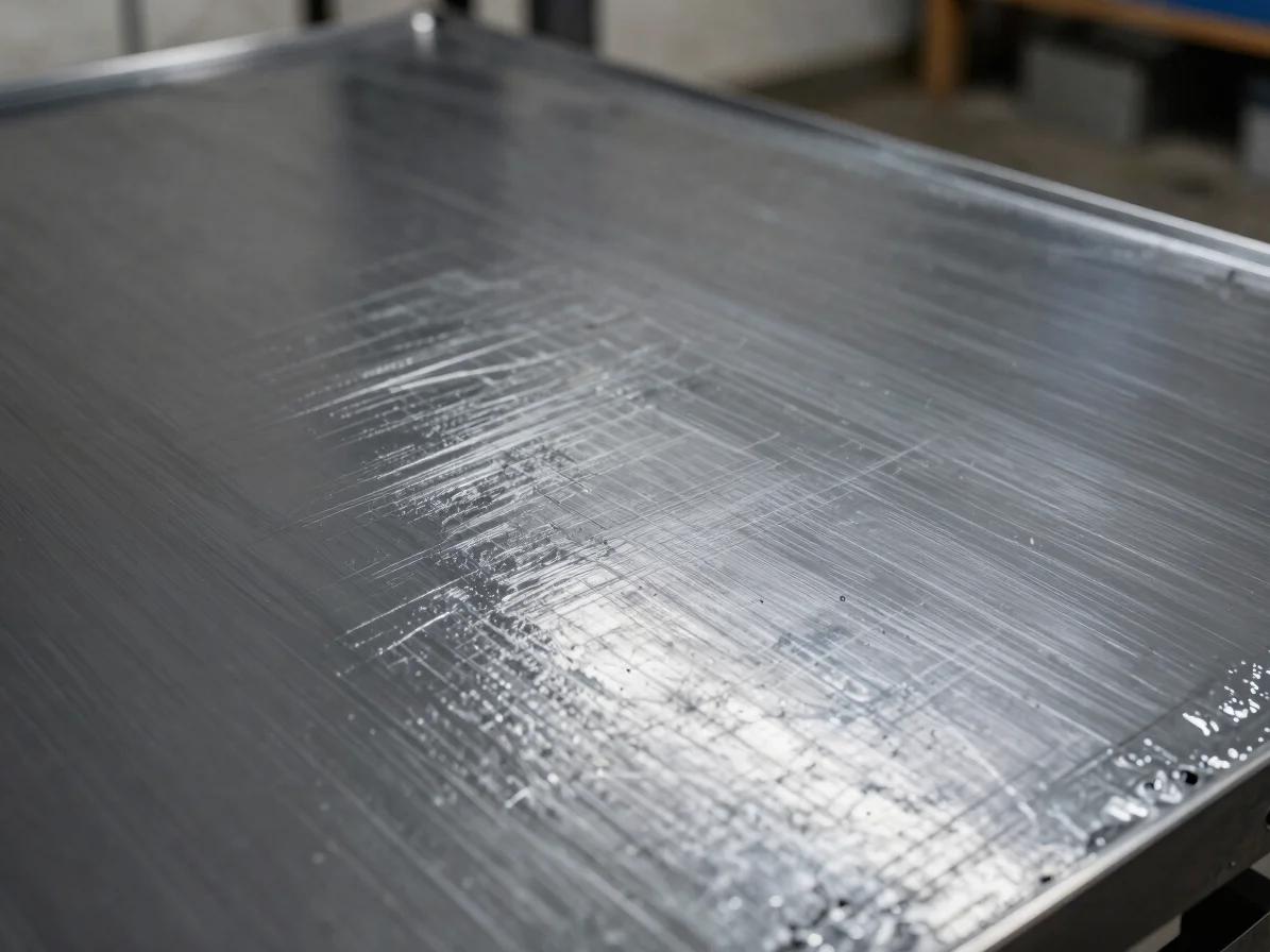 Close-up of a metal surface undergoing a protective coating process, showing a uniform finish and metallic sheen under h