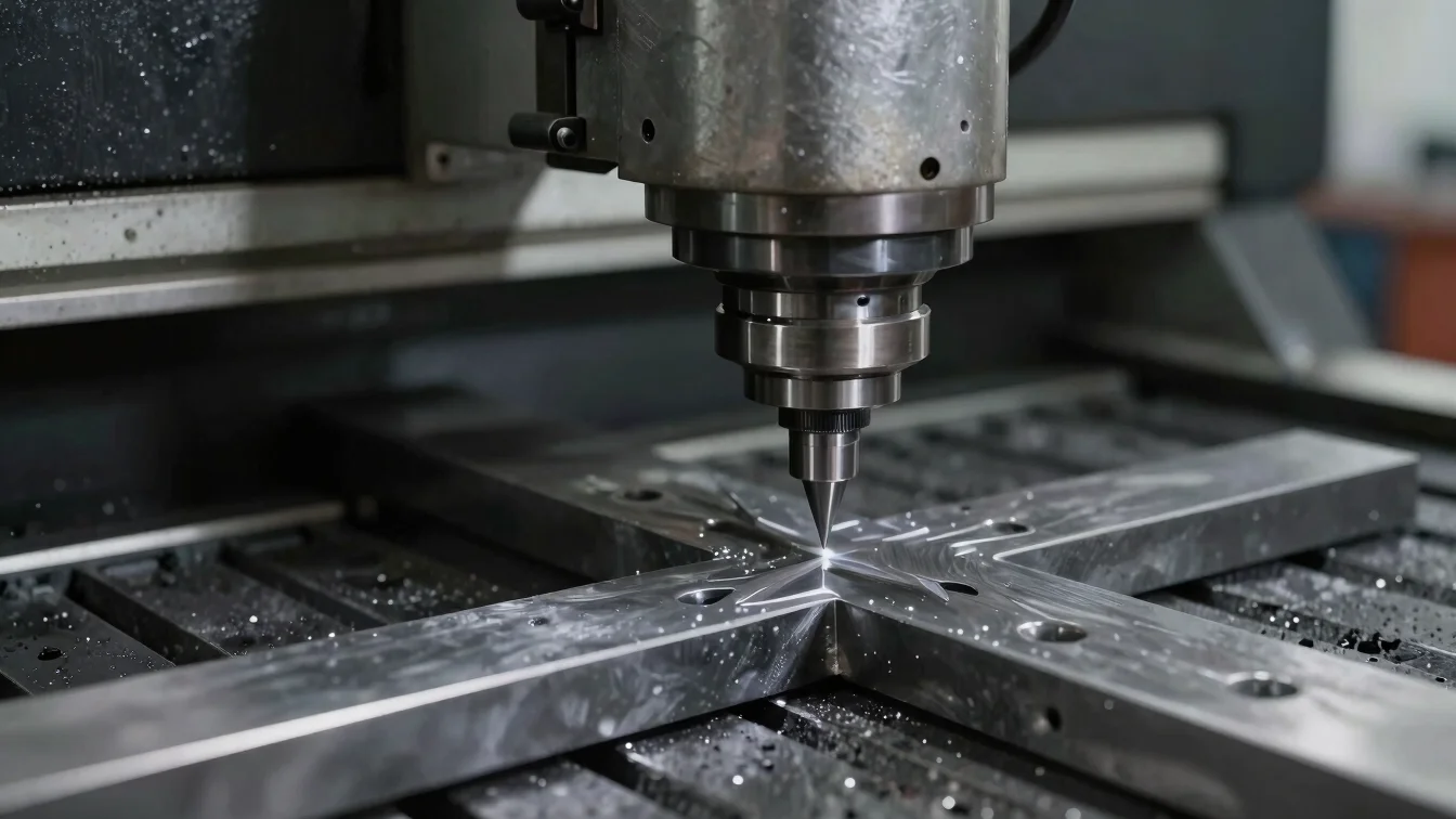 Close-up of a CNC milling machine cutting raw metal stock, crisp directional workshop lighting, metallic sheen, dark sla