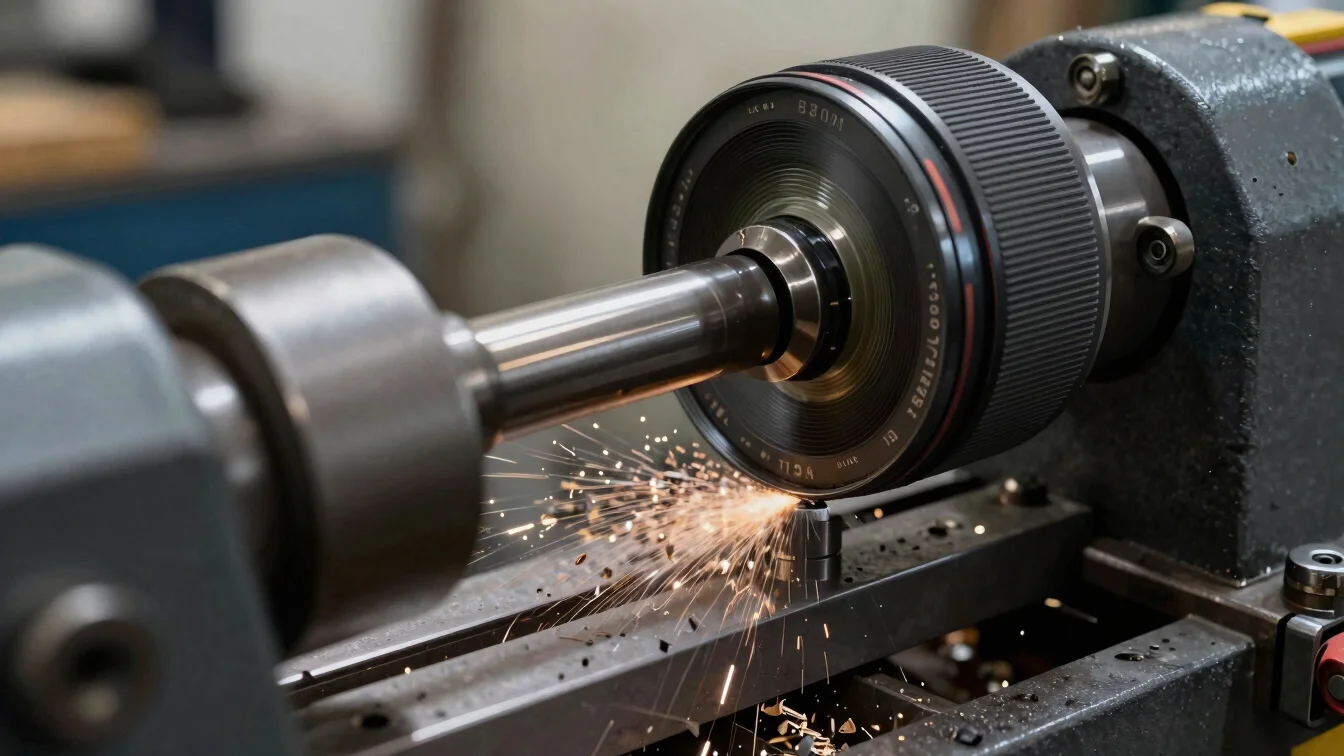 Macro detail of a lathe cutting metal, creating fine shavings, crisp directional workshop lighting, metallic sheen, dark