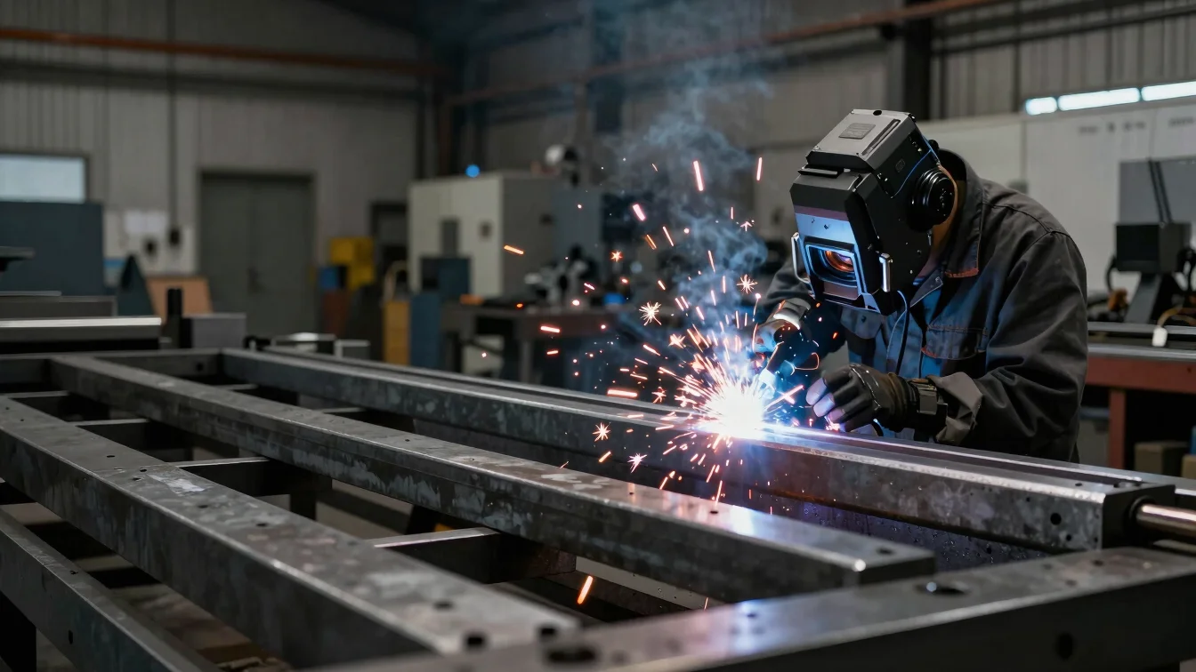 Wide workshop perspective showing a metal fabricator welding a custom component, sparks flying, high-contrast industrial