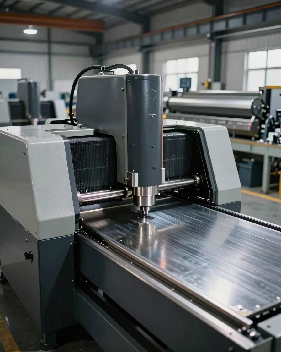 Wide perspective of a modern industrial facility, showing both CNC machines in foreground and a metal coating line in ba