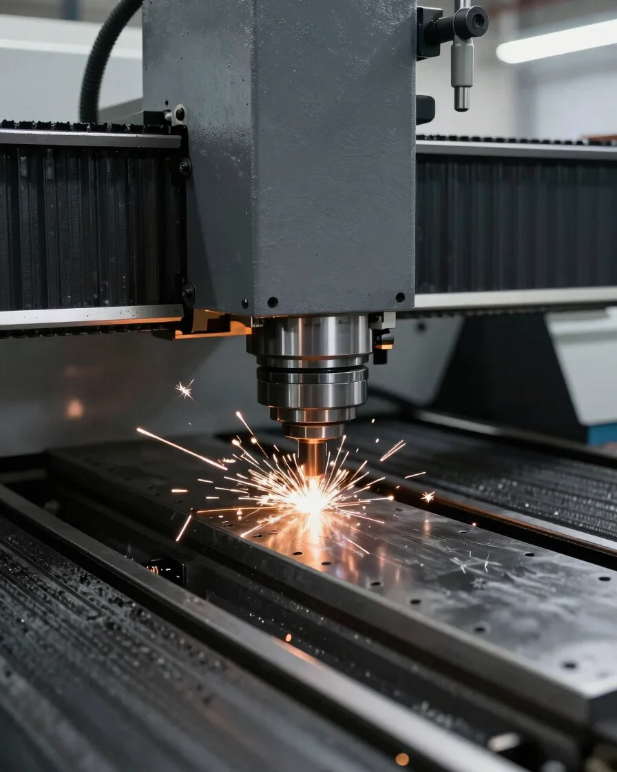 Wide workshop perspective of a CNC milling machine in operation, spark discharge visible, crisp directional lighting, me